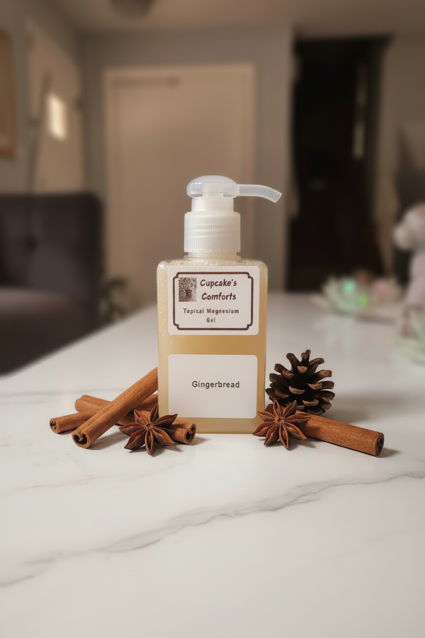 Cupcake's Comforts Gingerbread Topical Magnesium Gel 3.5 oz pump bottle on marble surface